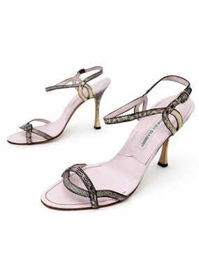 Manolo Blahnik Snakeskin Strappy Sandals Slingback Heels Womens Size EU 38
